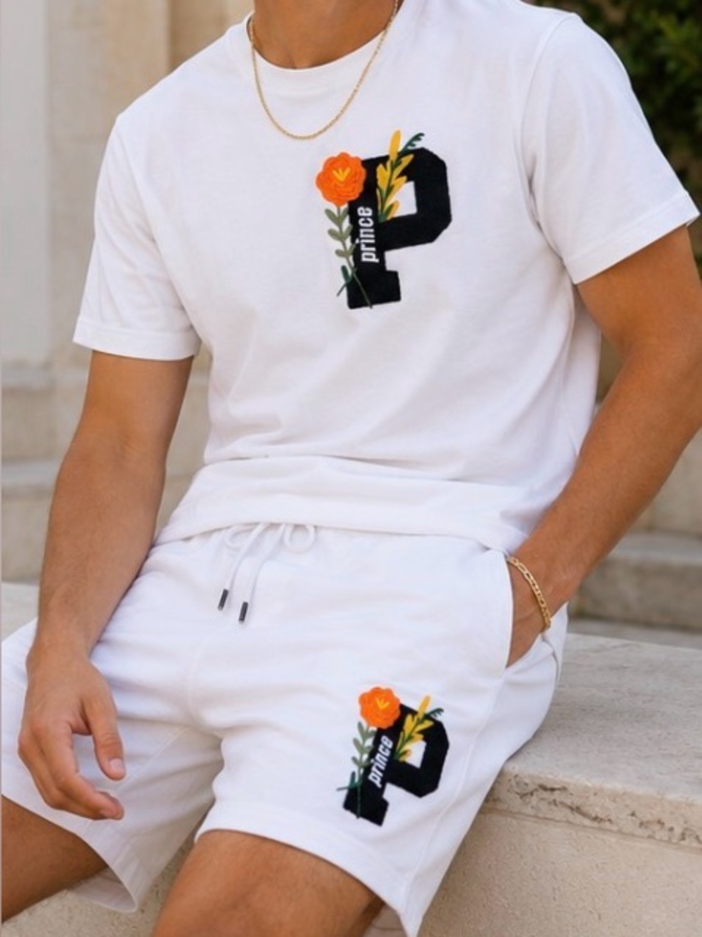Prince White Tee and Shorts Set with Black 'P' and Orange Floral Detail